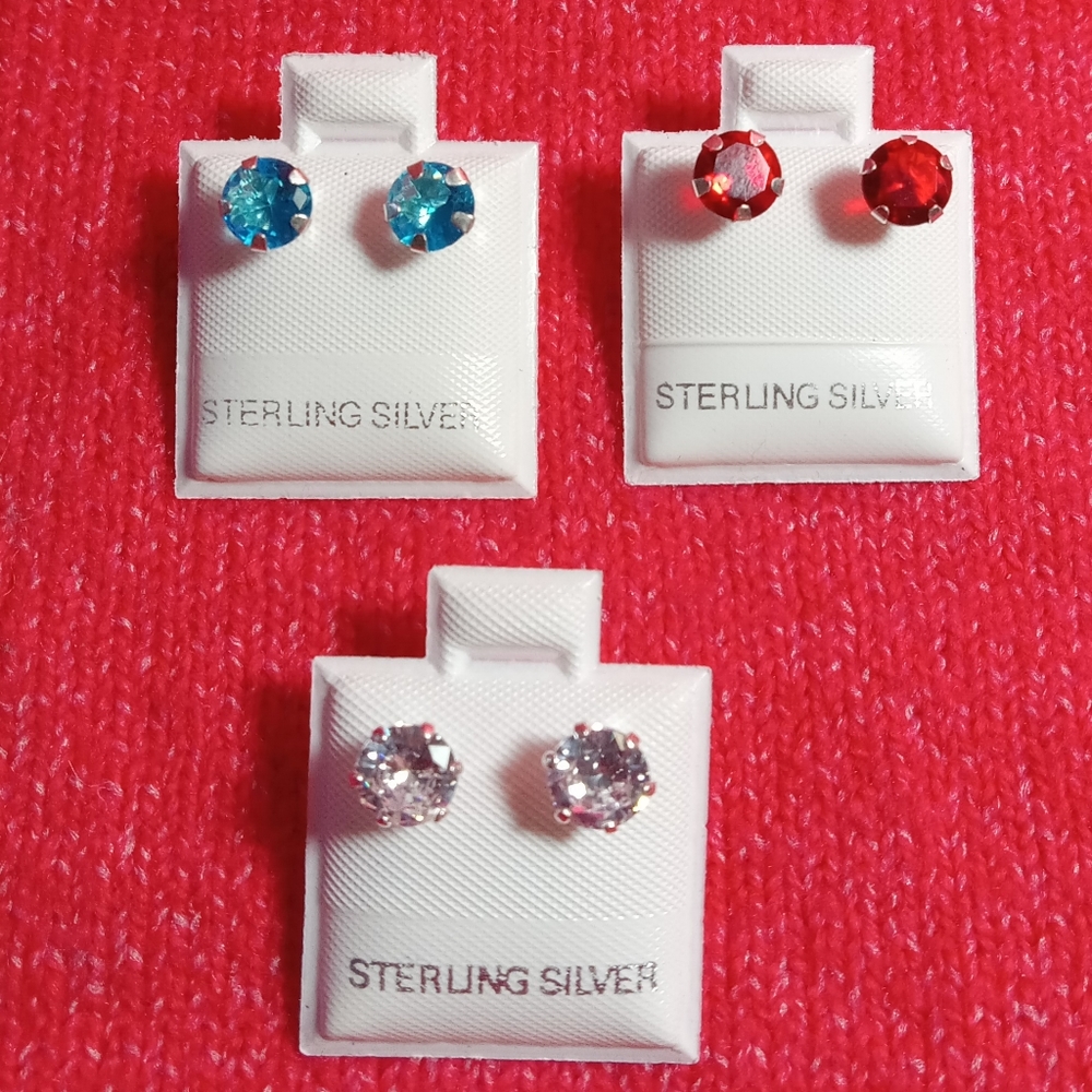 925 Sterling Silver lot of‎ 3 Stud Earrings With Cubic Zirconia Mens Womens